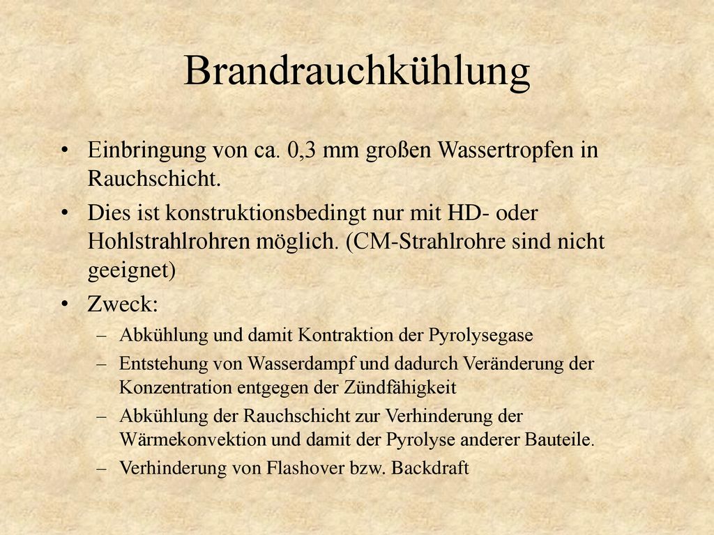 Brandrauchkühlung Einbringung von ca. 0,3 mm großen Wassertropfen in Rauchschicht.