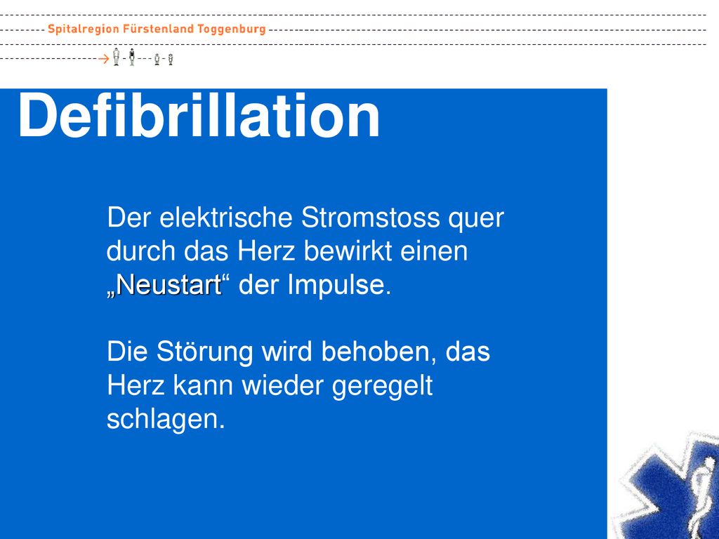 Defibrillation Der elektrische Stromstoss quer durch das Herz bewirkt einen „Neustart der Impulse.