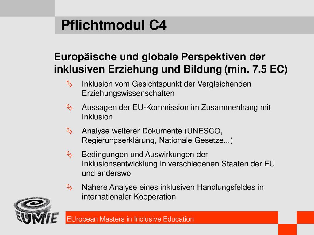 Pflichtmodul C4 Europäische und globale Perspektiven der inklusiven Erziehung und Bildung (min. 7.5 EC)
