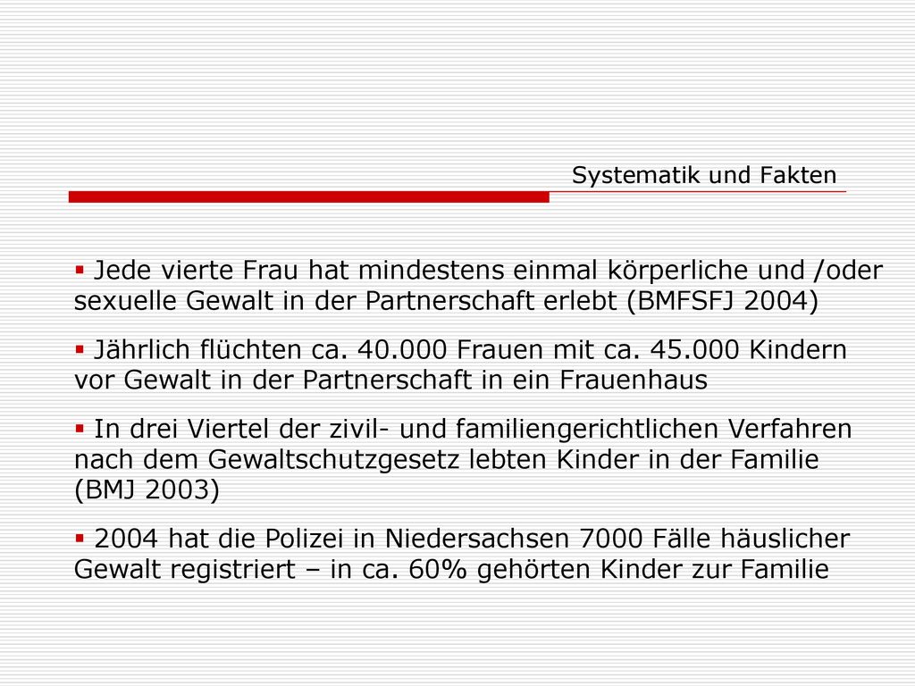 Systematik und Fakten Jede vierte Frau hat mindestens einmal körperliche und /oder sexuelle Gewalt in der Partnerschaft erlebt (BMFSFJ 2004)