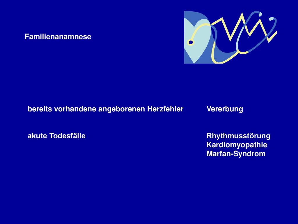 Familienanamnese bereits vorhandene angeborenen Herzfehler Vererbung. akute Todesfälle Rhythmusstörung.