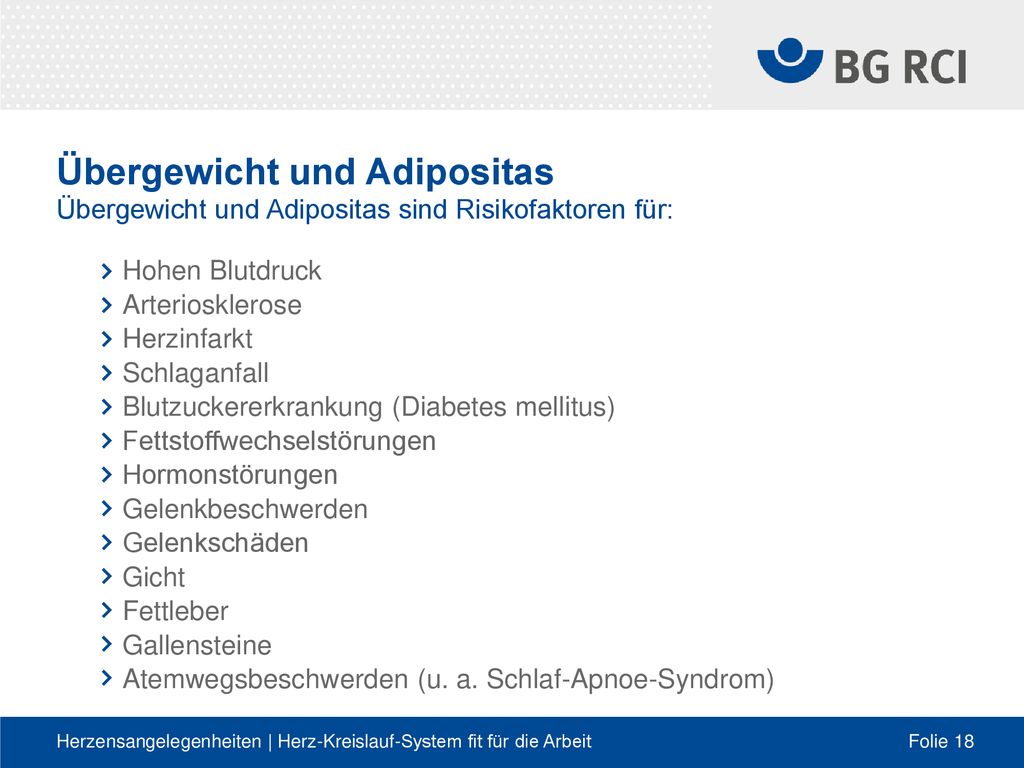 Übergewicht und Adipositas Übergewicht und Adipositas sind Risikofaktoren für: