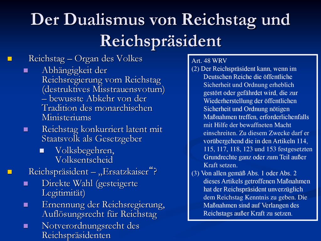 Der Dualismus von Reichstag und Reichspräsident