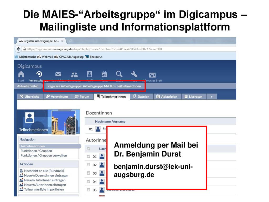 Die MAIES- Arbeitsgruppe im Digicampus – Mailingliste und Informationsplattform