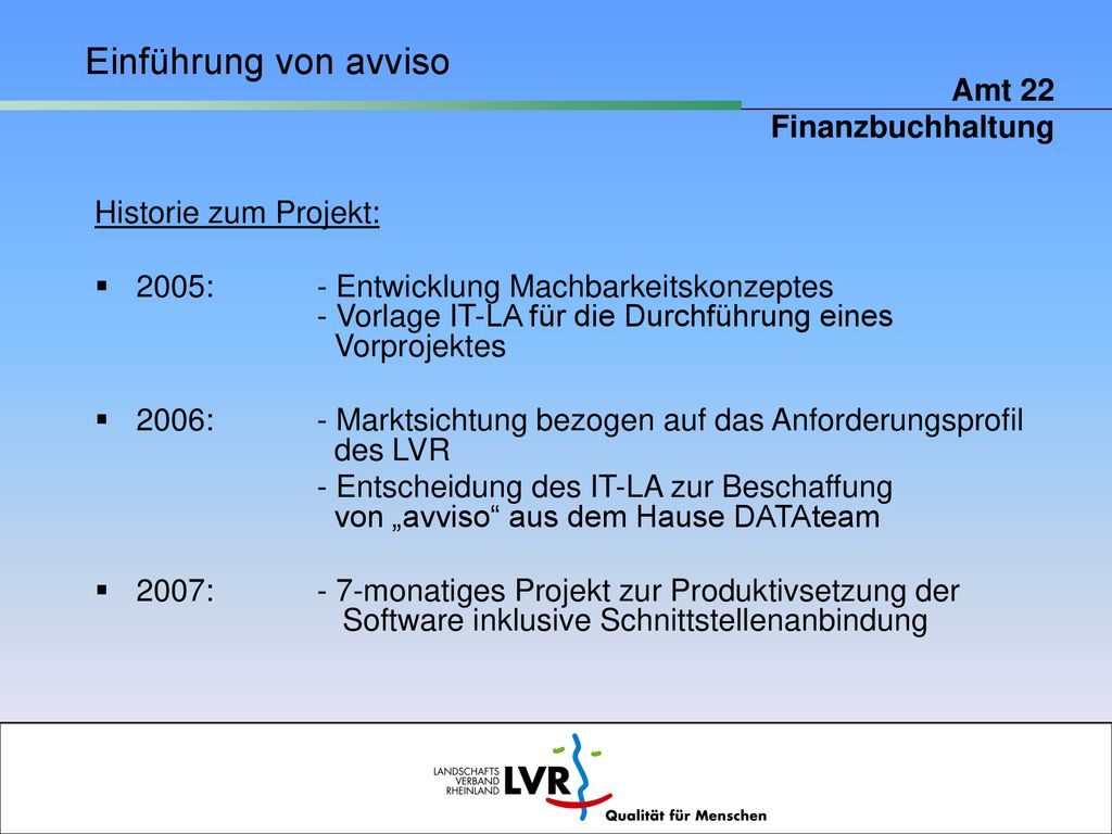 Einführung von avviso Amt 22 Finanzbuchhaltung Historie zum Projekt: