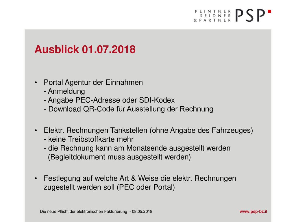 Ausblick Portal Agentur der Einnahmen - Anmeldung - Angabe PEC-Adresse oder SDI-Kodex - Download QR-Code für Ausstellung der Rechnung.