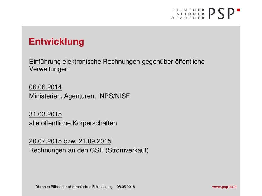 Entwicklung Einführung elektronische Rechnungen gegenüber öffentliche Verwaltungen Ministerien, Agenturen, INPS/NISF.