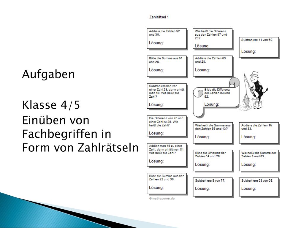 Aufgaben Klasse 4/5 Einüben von Fachbegriffen in Form von Zahlrätseln