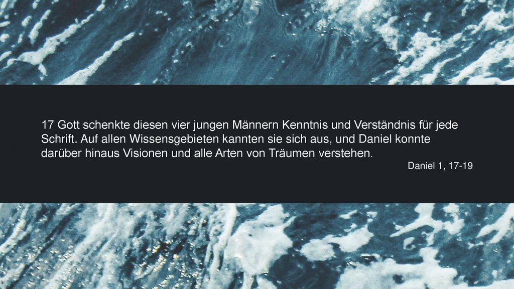 17 Gott schenkte diesen vier jungen Männern Kenntnis und Verständnis für jede Schrift. Auf allen Wissensgebieten kannten sie sich aus, und Daniel konnte darüber hinaus Visionen und alle Arten von Träumen verstehen.
