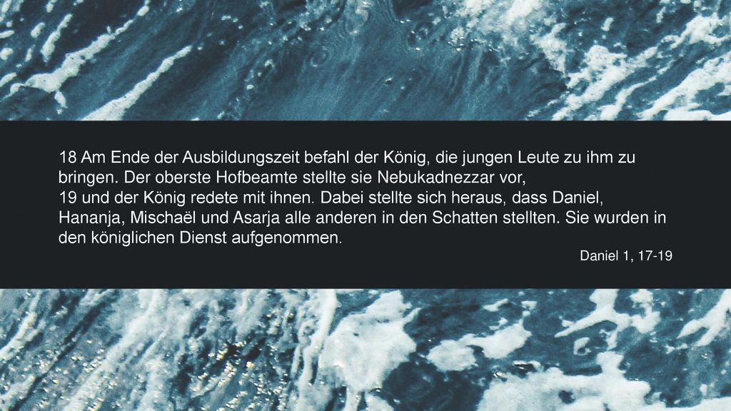 18 Am Ende der Ausbildungszeit befahl der König, die jungen Leute zu ihm zu bringen. Der oberste Hofbeamte stellte sie Nebukadnezzar vor,