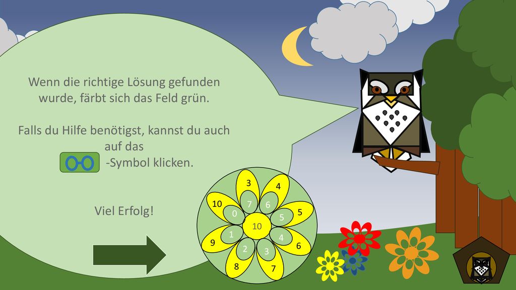 Wenn die richtige Lösung gefunden wurde, färbt sich das Feld grün.