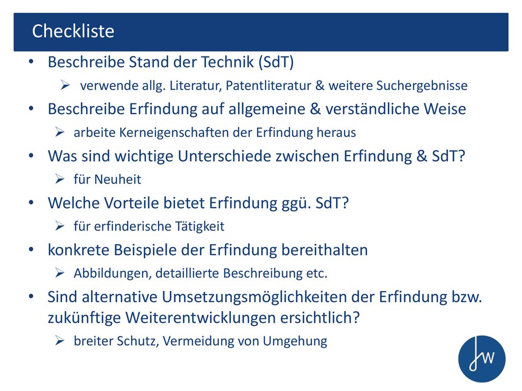 Checkliste Beschreibe Stand der Technik (SdT)