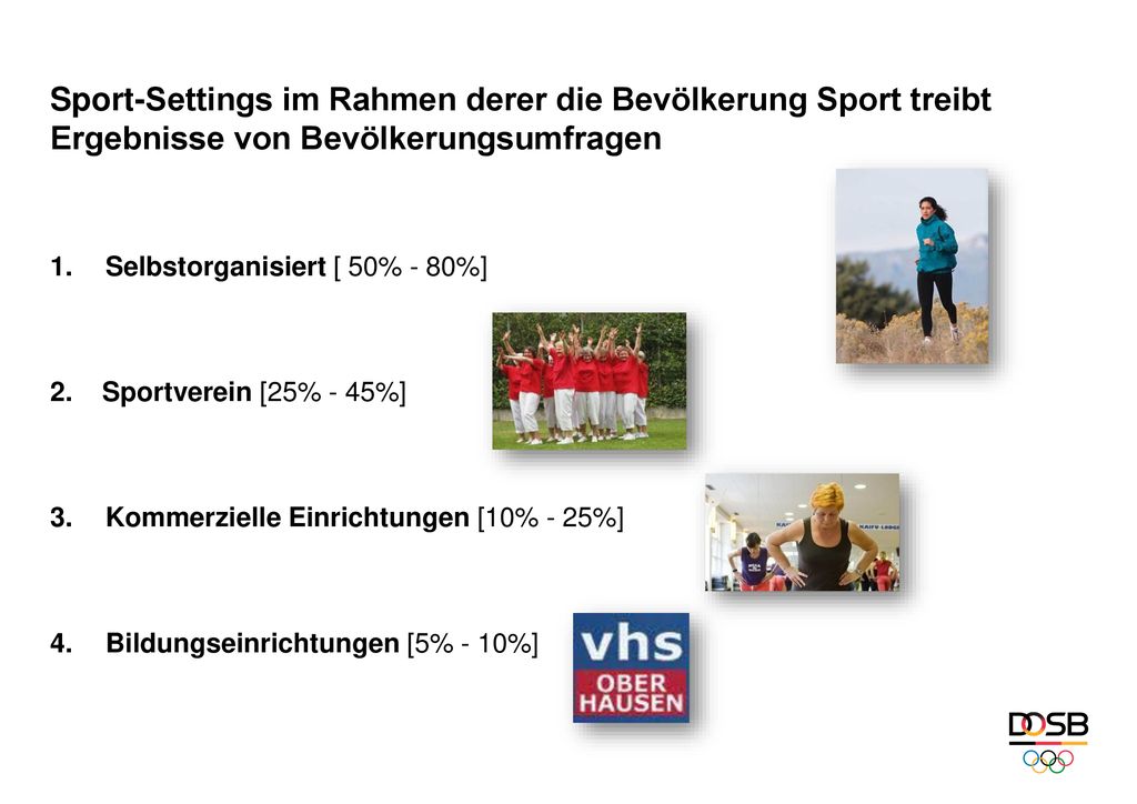 Sport-Settings im Rahmen derer die Bevölkerung Sport treibt Ergebnisse von Bevölkerungsumfragen