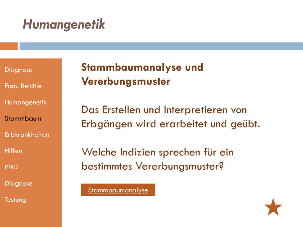 Humangenetik Diagnose. Fam. Reichle. Humangenetik. Stammbaum. Erbkrankheiten. Hilfen. PND. Testung.