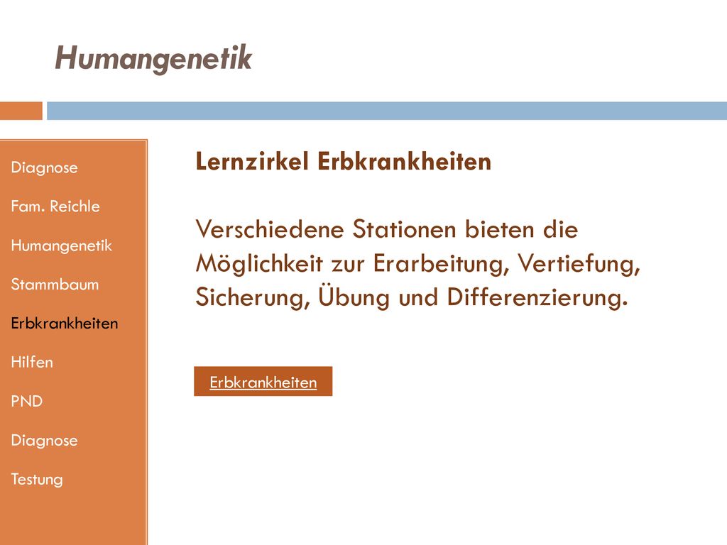 Humangenetik Diagnose. Fam. Reichle. Humangenetik. Stammbaum. Erbkrankheiten. Hilfen. PND. Testung.