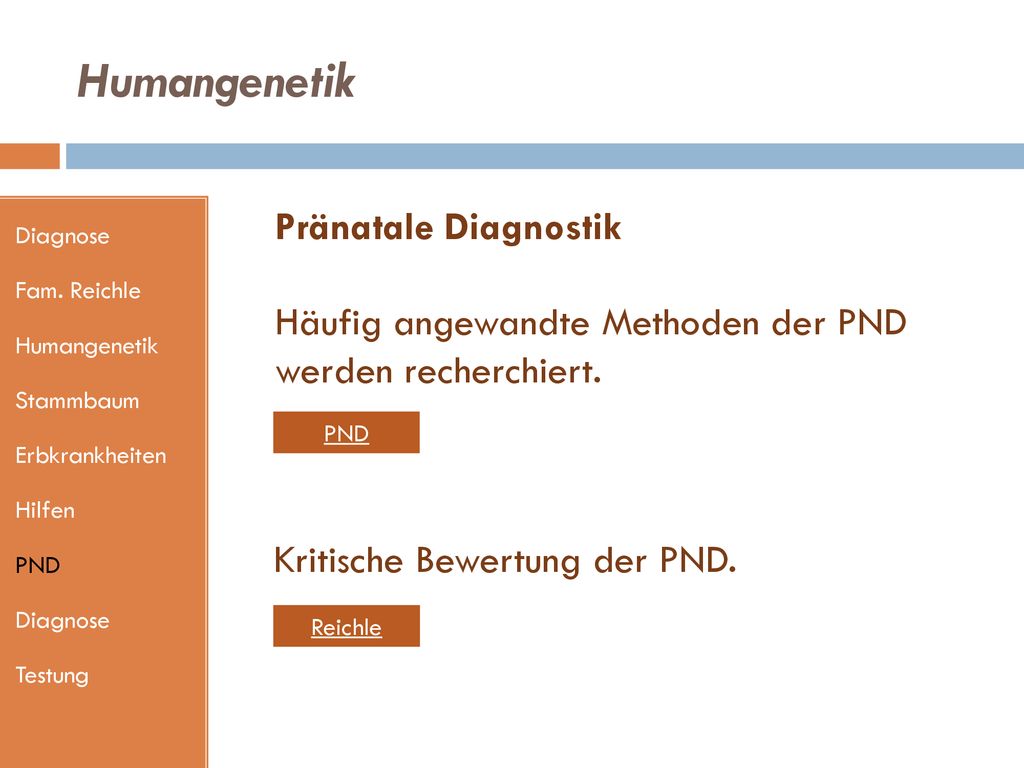 Humangenetik Diagnose. Fam. Reichle. Humangenetik. Stammbaum. Erbkrankheiten. Hilfen. PND. Testung.