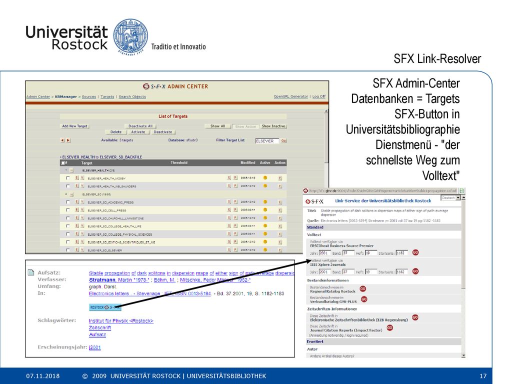 SFX Link-Resolver SFX Admin-Center Datenbanken = Targets SFX-Button in Universitätsbibliographie Dienstmenü - der schnellste Weg zum Volltext