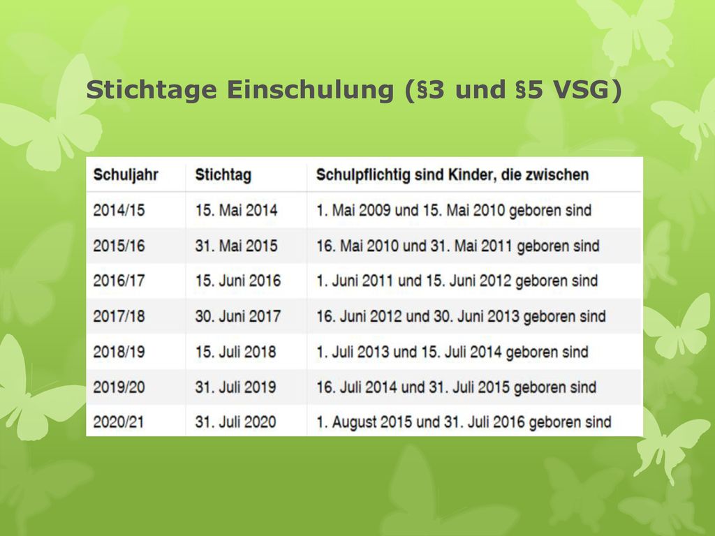 Stichtage Einschulung (§3 und §5 VSG)