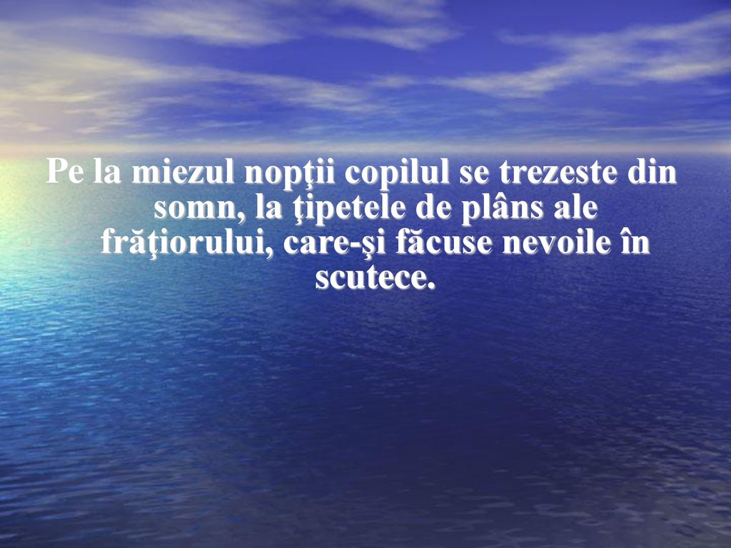 Pe la miezul nopţii copilul se trezeste din somn, la ţipetele de plâns ale frăţiorului, care-şi făcuse nevoile în scutece.