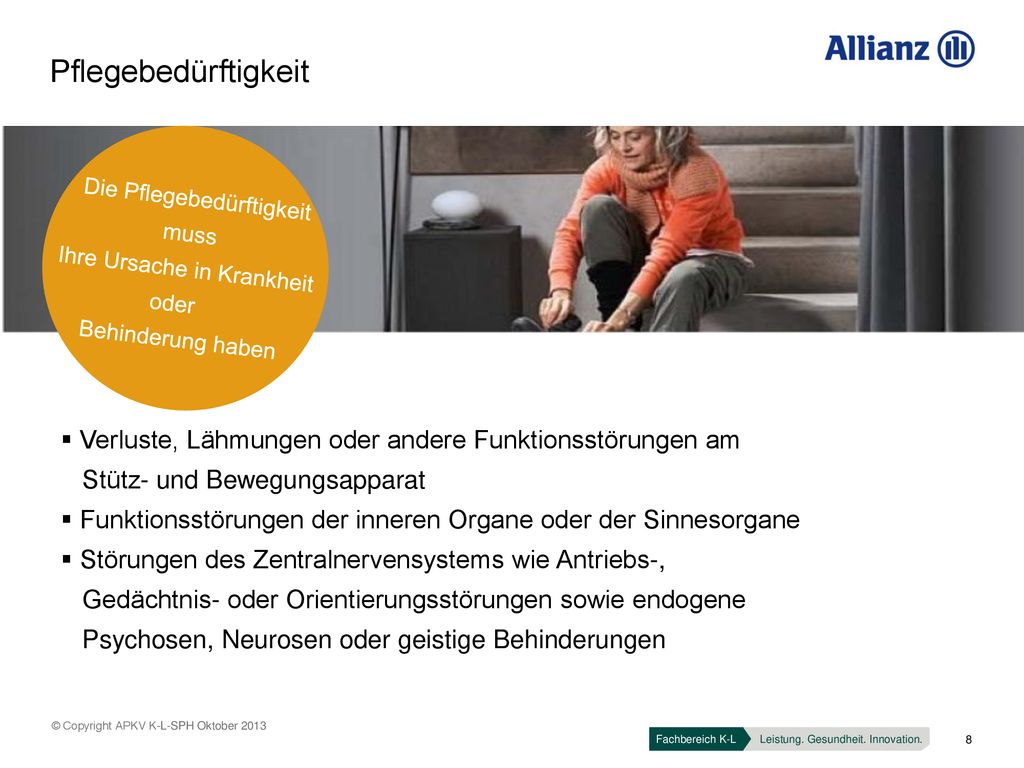 Pflegebedürftigkeit Die Pflegebedürftigkeit. muss. Ihre Ursache in Krankheit. oder. Behinderung haben.