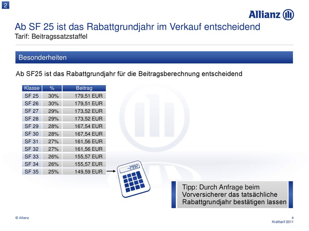 2 Ab SF 25 ist das Rabattgrundjahr im Verkauf entscheidend Tarif: Beitragssatzstaffel. Besonderheiten.