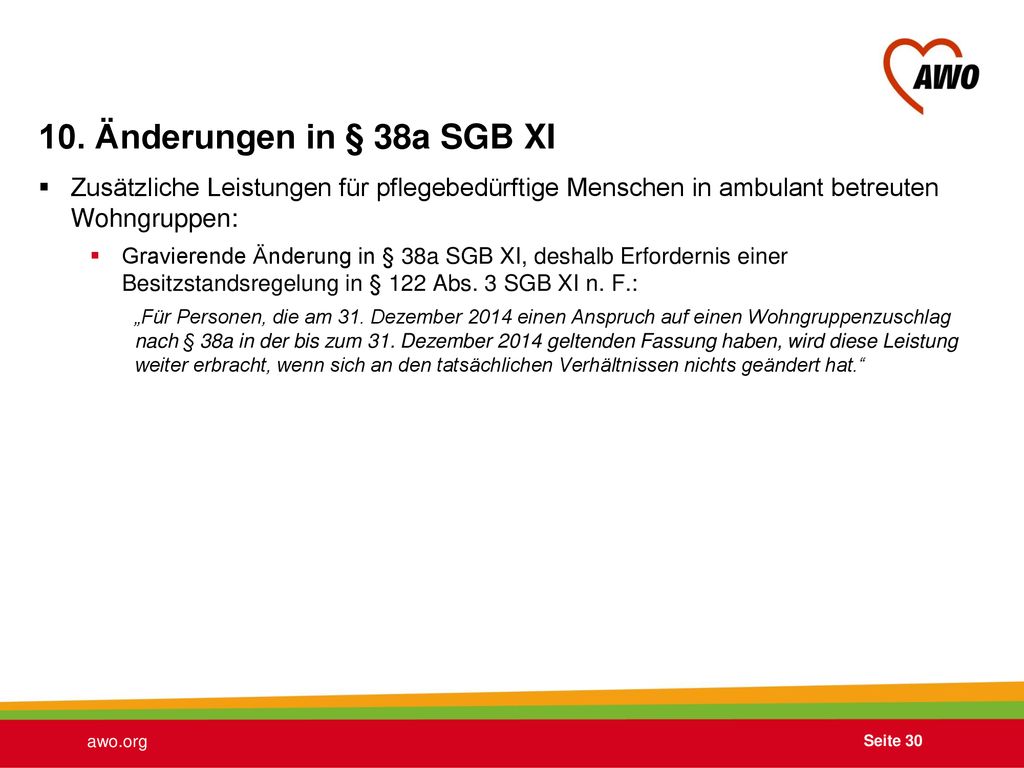 10. Änderungen in § 38a SGB XI Zusätzliche Leistungen für pflegebedürftige Menschen in ambulant betreuten Wohngruppen:
