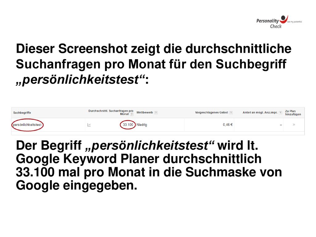 Dieser Screenshot zeigt die durchschnittliche Suchanfragen pro Monat für den Suchbegriff „persönlichkeitstest :