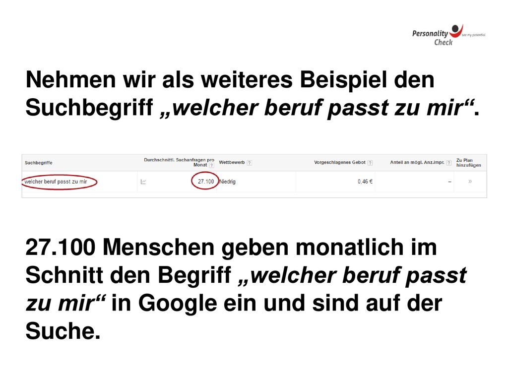 Nehmen wir als weiteres Beispiel den Suchbegriff „welcher beruf passt zu mir .