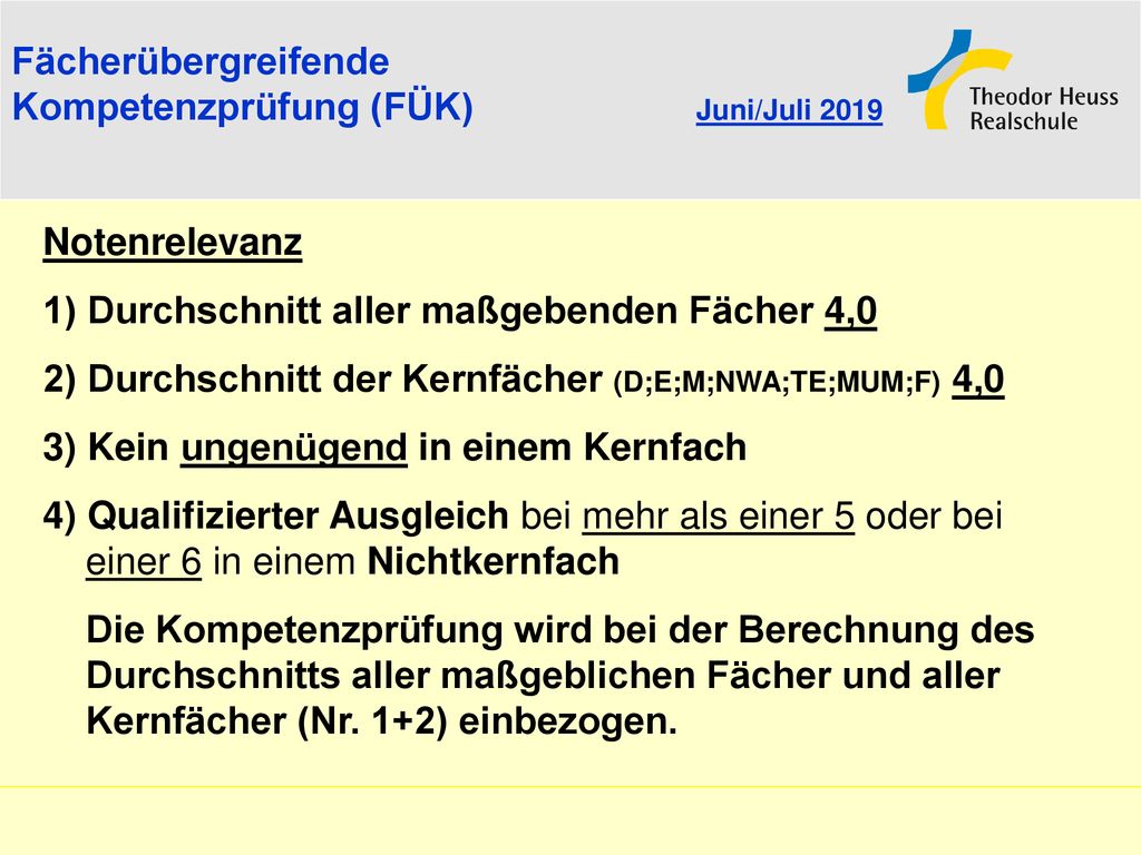 Fächerübergreifende Kompetenzprüfung (FÜK) Juni/Juli Notenrelevanz. 1) Durchschnitt aller maßgebenden Fächer 4,0.
