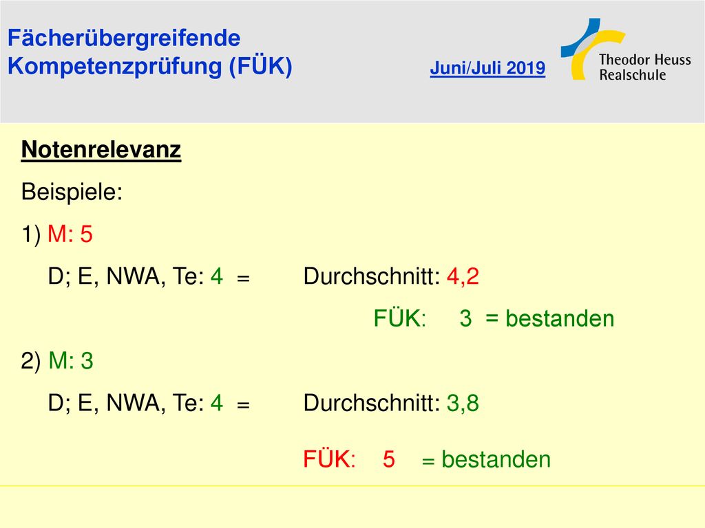 Fächerübergreifende Kompetenzprüfung (FÜK) Juni/Juli Notenrelevanz. Beispiele: 1) M: 5. D; E, NWA, Te: 4 = Durchschnitt: 4,2.