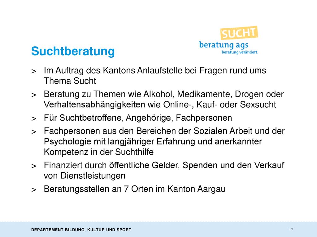 Suchtberatung Im Auftrag des Kantons Anlaufstelle bei Fragen rund ums Thema Sucht.