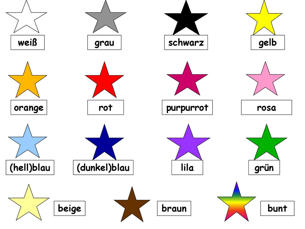 weiß grau schwarz gelb orange rot purpurrot rosa (hell)blau (dunkel)blau lila grün beige braun bunt
