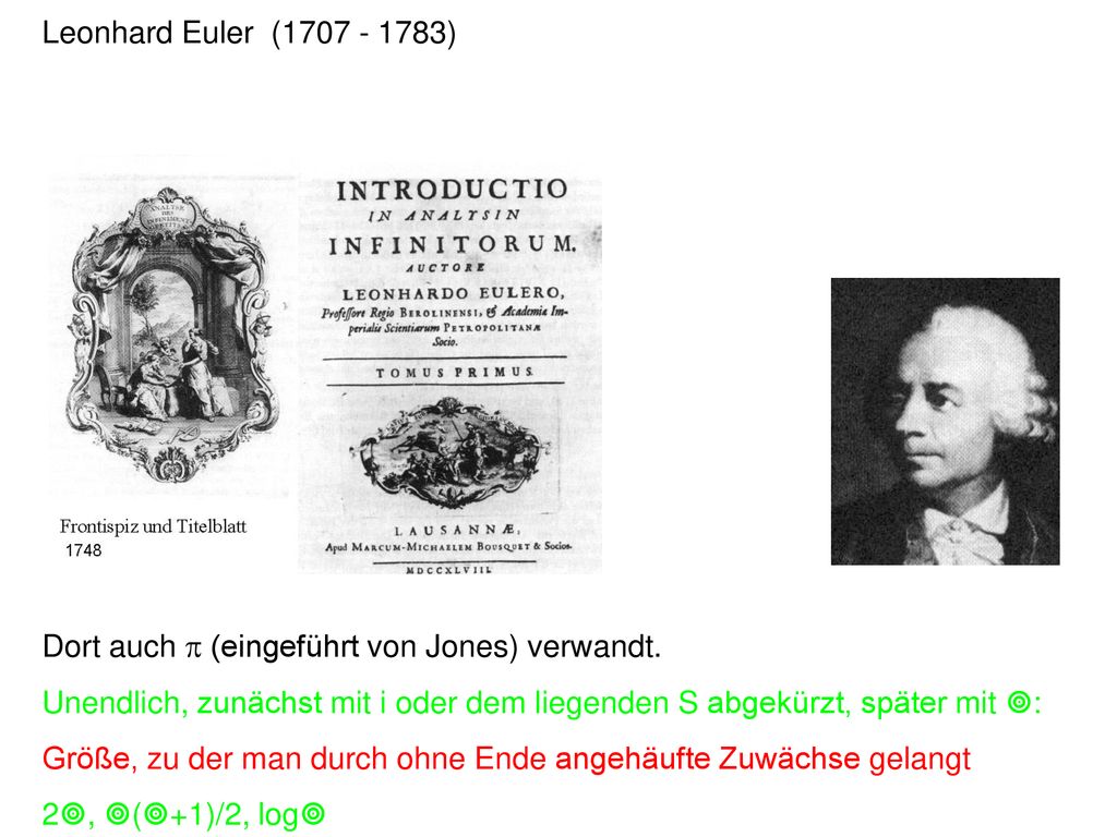 Leonhard Euler ( ) Dort auch p (eingeführt von Jones) verwandt. Unendlich, zunächst mit i oder dem liegenden S abgekürzt, später mit :