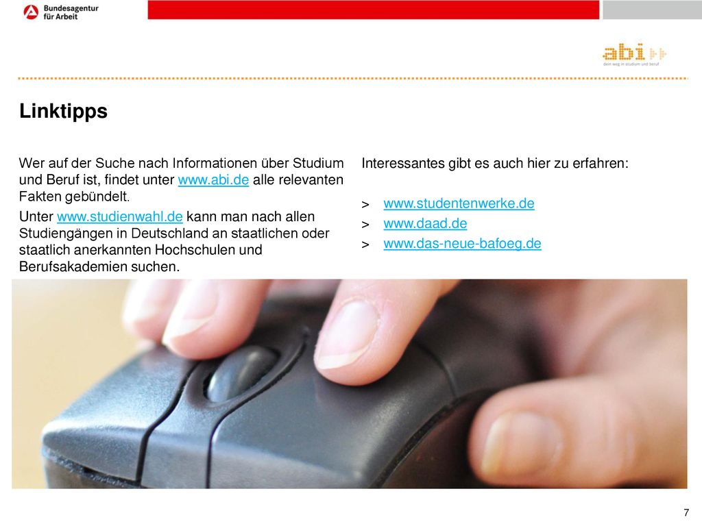Linktipps Wer auf der Suche nach Informationen über Studium und Beruf ist, findet unter   alle relevanten Fakten gebündelt.