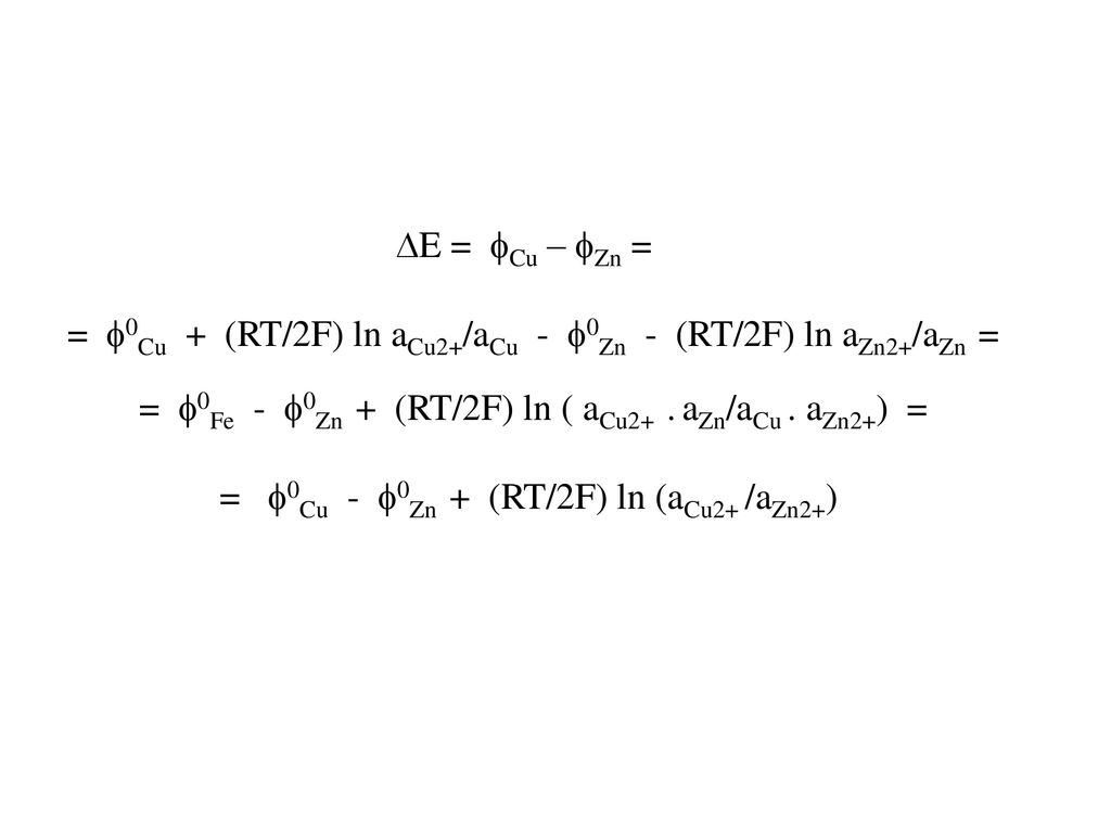 = f0Cu + (RT/2F) ln aCu2+/aCu - f0Zn - (RT/2F) ln aZn2+/aZn =