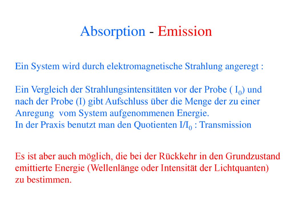 Absorption - Emission Ein System wird durch elektromagnetische Strahlung angeregt : Ein Vergleich der Strahlungsintensitäten vor der Probe ( I0) und.