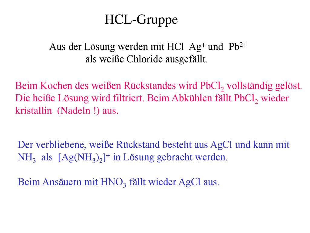 HCL-Gruppe Aus der Lösung werden mit HCl Ag+ und Pb2+