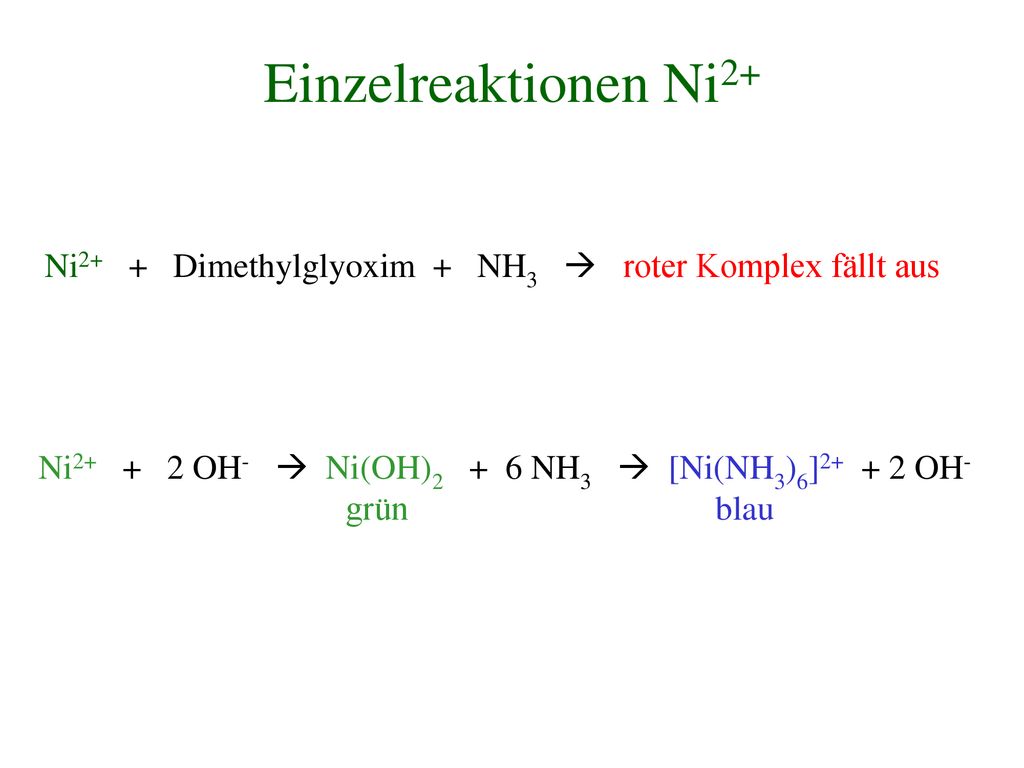Einzelreaktionen Ni2+ Ni2+ + Dimethylglyoxim + NH3  roter Komplex fällt aus.