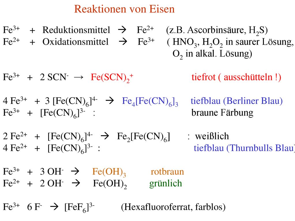 Reaktionen von Eisen Fe3+ + Reduktionsmittel  Fe2+ (z.B. Ascorbinsäure, H2S)