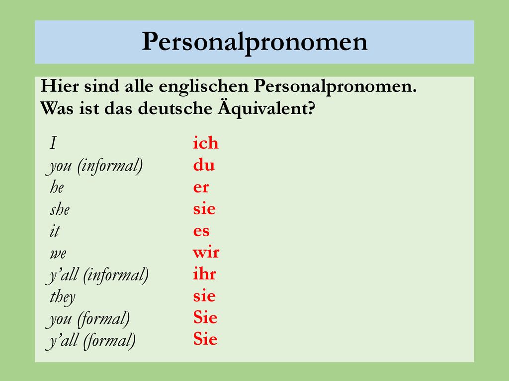 Personalpronomen Hier sind alle englischen Personalpronomen. Was ist das deutsche Äquivalent ich du er sie es wir ihr Sie