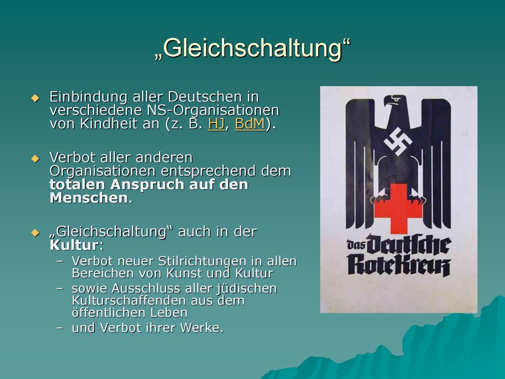 „Gleichschaltung Einbindung aller Deutschen in verschiedene NS-Organisationen von Kindheit an (z. B. HJ, BdM).