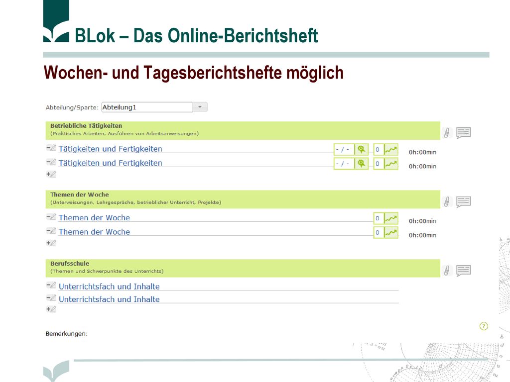 Wochen- und Tagesberichtshefte möglich
