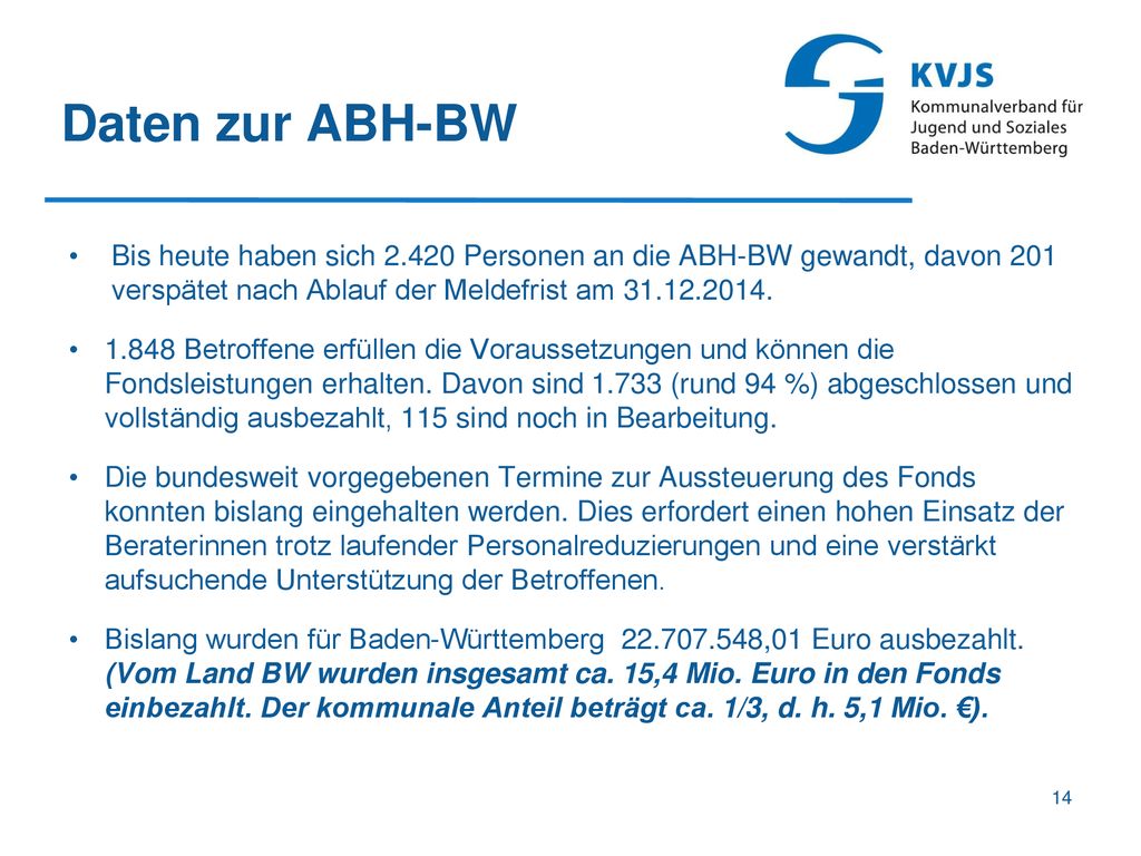 Daten zur ABH-BW Bis heute haben sich Personen an die ABH-BW gewandt, davon 201 verspätet nach Ablauf der Meldefrist am