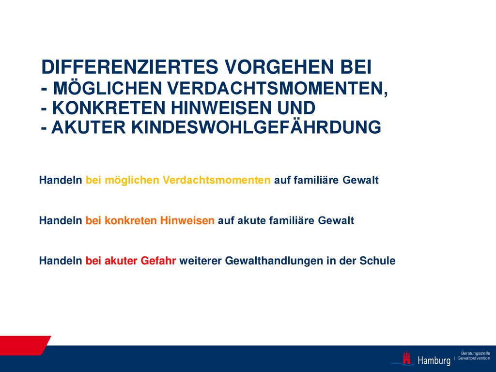 Differenziertes Vorgehen bei - möglichen Verdachtsmomenten, - konkreten Hinweisen und - akuter Kindeswohlgefährdung