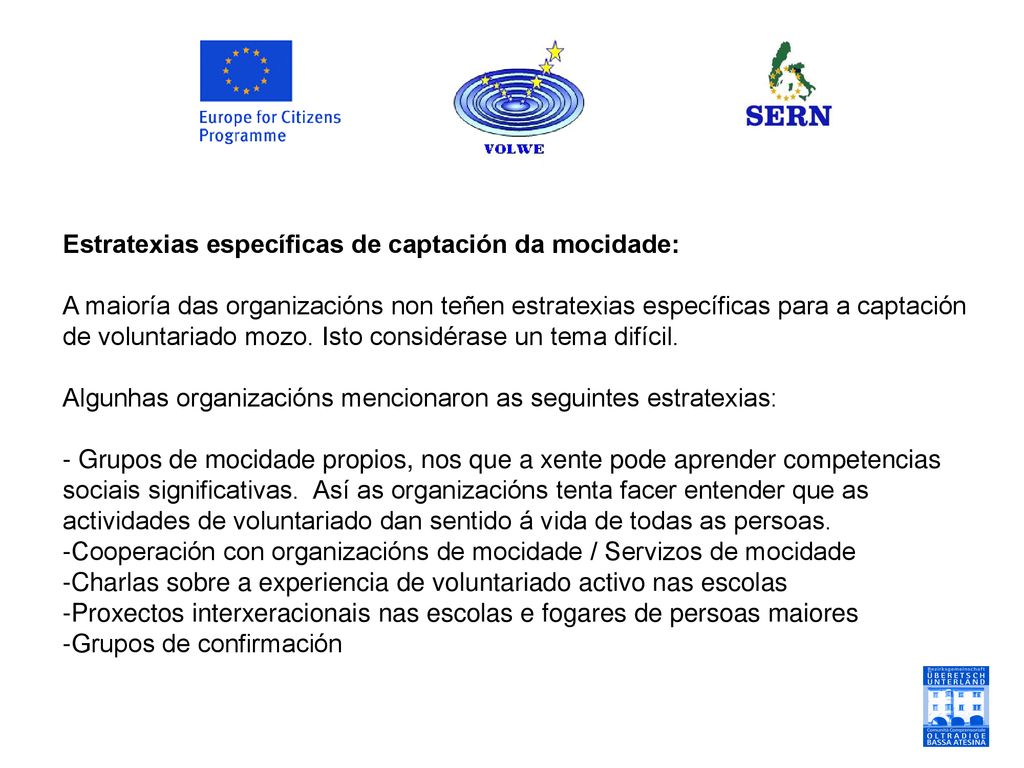 Estratexias específicas de captación da mocidade: A maioría das organizacións non teñen estratexias específicas para a captación de voluntariado mozo. Isto considérase un tema difícil.