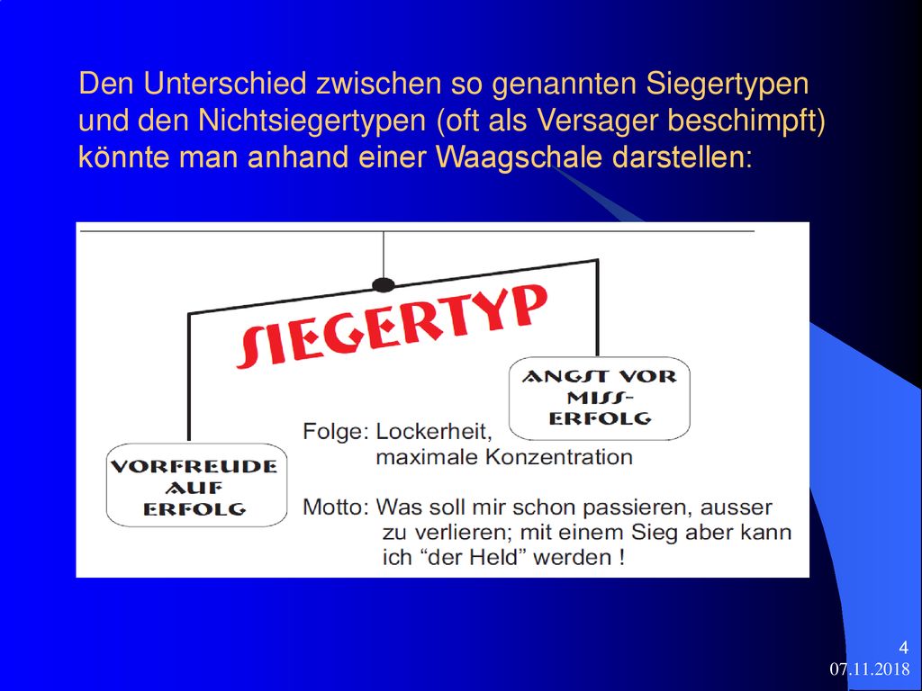 Den Unterschied zwischen so genannten Siegertypen und den Nichtsiegertypen (oft als Versager beschimpft) könnte man anhand einer Waagschale darstellen: