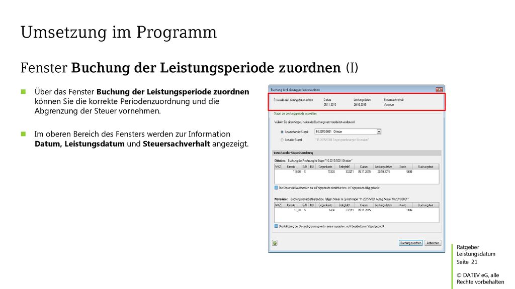 Umsetzung im Programm Fenster Buchung der Leistungsperiode zuordnen (I)