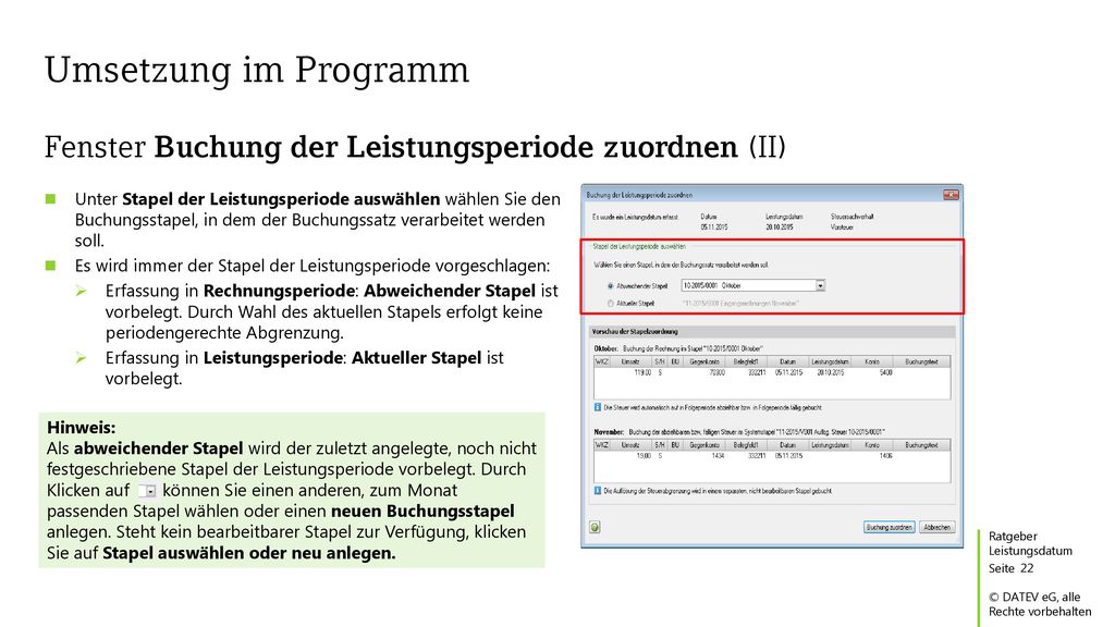 Umsetzung im Programm Fenster Buchung der Leistungsperiode zuordnen (II)