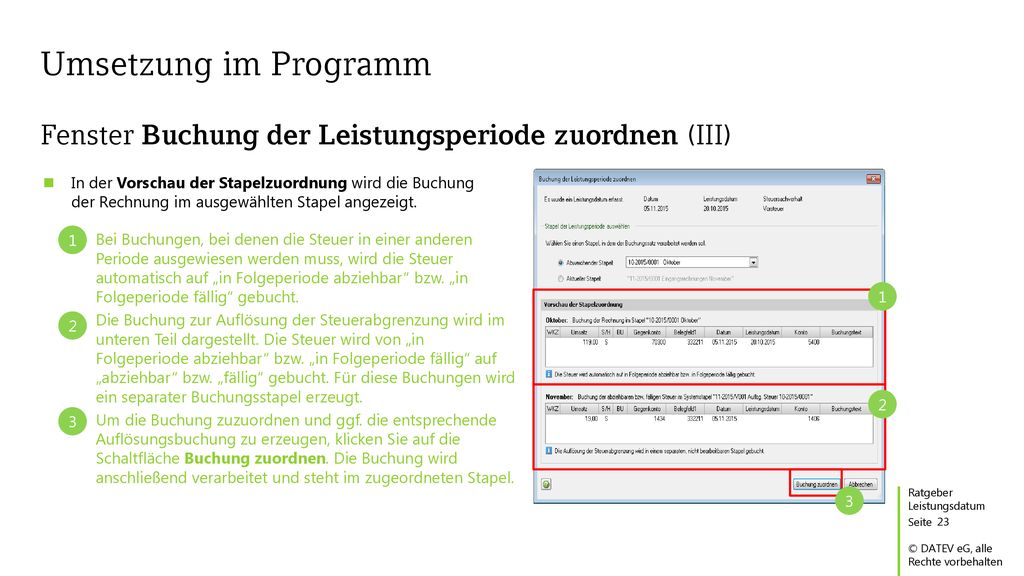 Umsetzung im Programm Fenster Buchung der Leistungsperiode zuordnen (III)