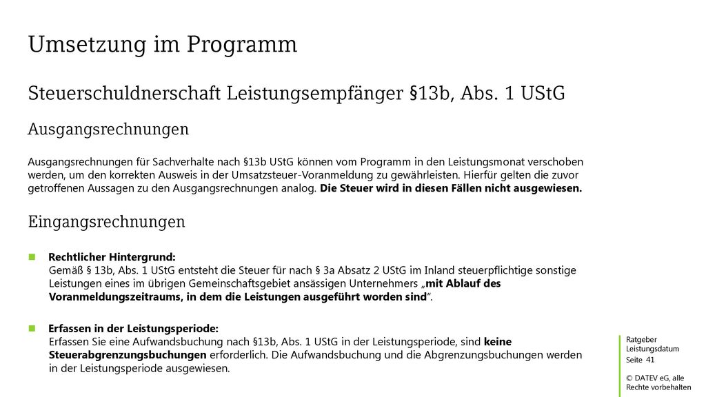 Umsetzung im Programm Steuerschuldnerschaft Leistungsempfänger §13b, Abs. 1 UStG. Ausgangsrechnungen.